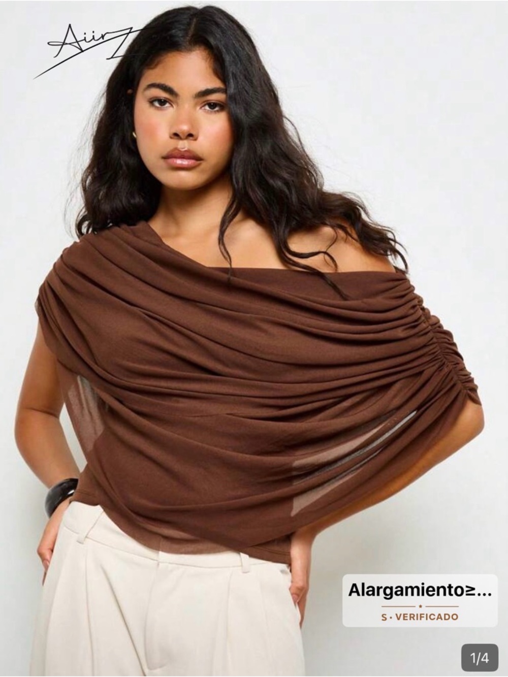 Ruched Off-Shoulder Brown Drape Top